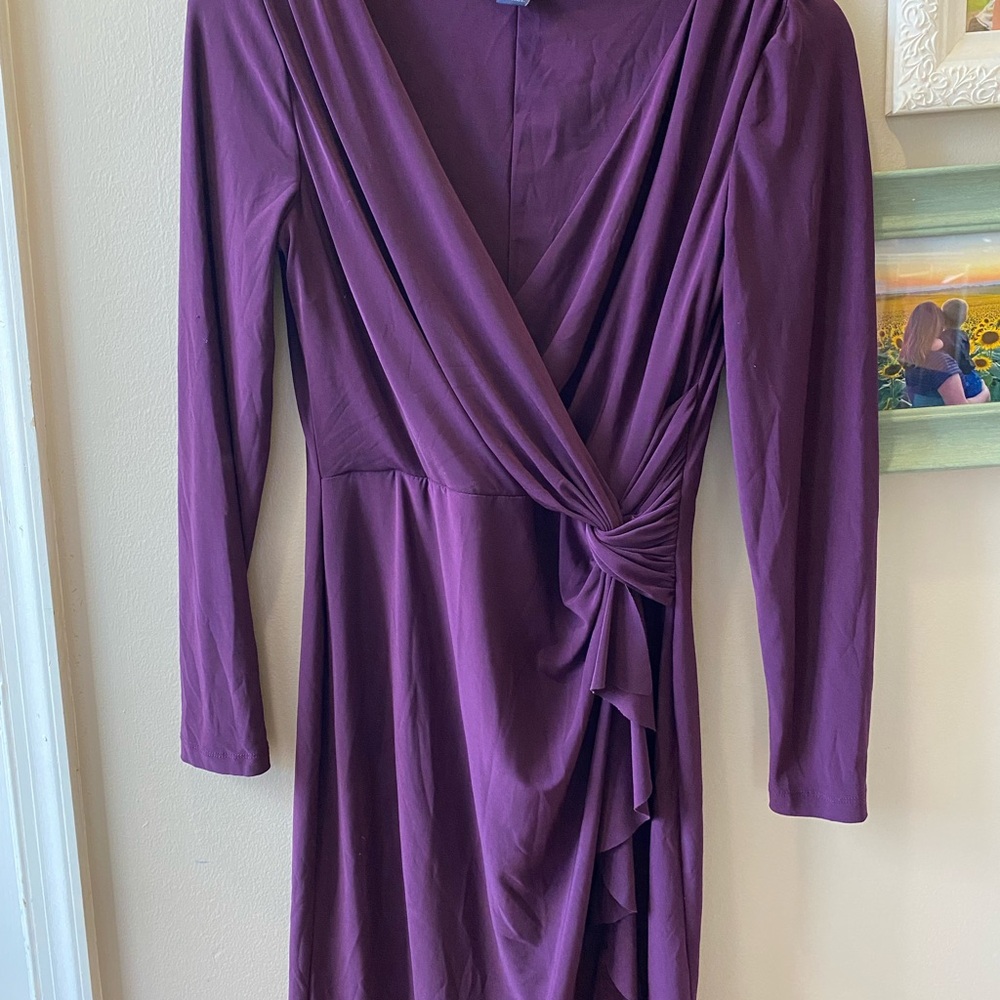 American Living Purple Knot Front Ruched Wrap Style Dress L | Long Sleeve